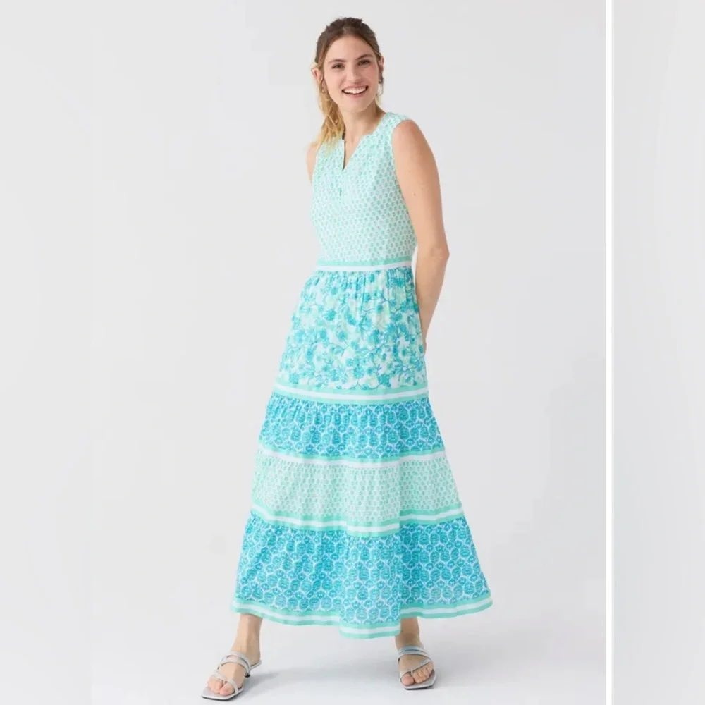 Cabana Life Woven Sleeveless Tiered Maxi Dress Aqua Teal Floral UV 50+ NWT M